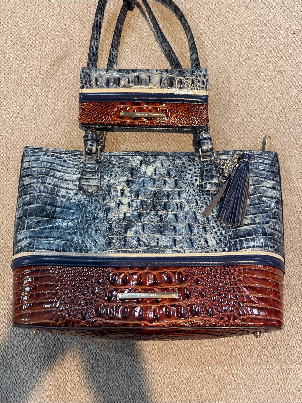 Brahmin Blue and Brown Croc-Embossed Tote with Tassel